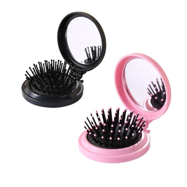 OSUWLSI 2er Pack Faltbare Haarbürsten mit Reise Spiegel Runde Tragbare Faltbare Tasche Haarbürste Mini Haarkamm Kompakt Reisegröße Haarmassagekamm für Männer Frauen und Mädchen