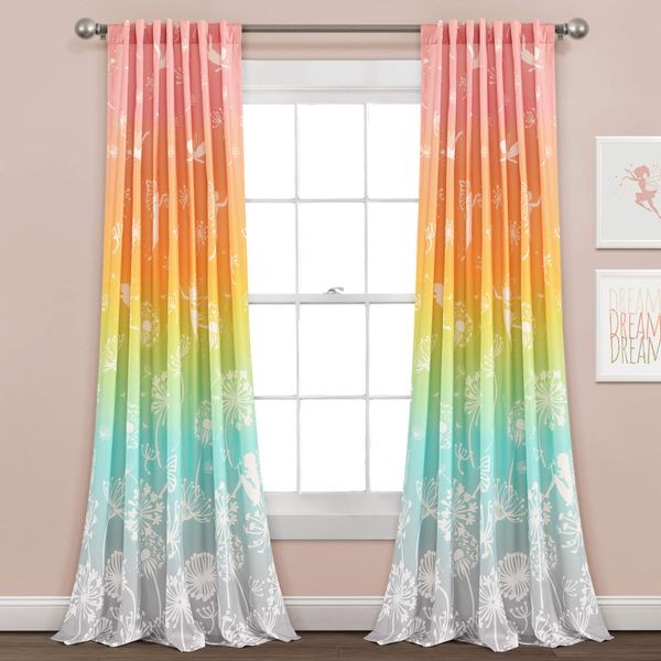 Lush Decor Dandelion Fairy Ombre Window Curtain Panel, Pair, 52"W x 84"L, Pastel Rainbow - Whimsical Floral Fantasy Curtains for Kids Room