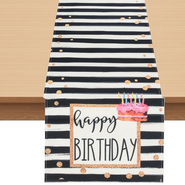 Anseom Birthday Table Runner, Linen Non-Slip Dining Table Cover Black White Stripe Happy Birthday Table Runner Gold Star Birthday Table Linens, Kitchen Dining Party Table Decoration, 33 x 275 cm