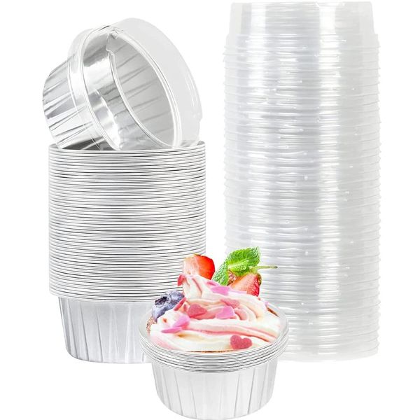 Cupcake Baking Cupswith Lids, 50pcs 5oz 125ml Muffin Liners Cups with Lids,Disposable Foil Baking Cups,Aluminum Foil Creme Brulee Cupcake Holders Pan Containers (Silver)