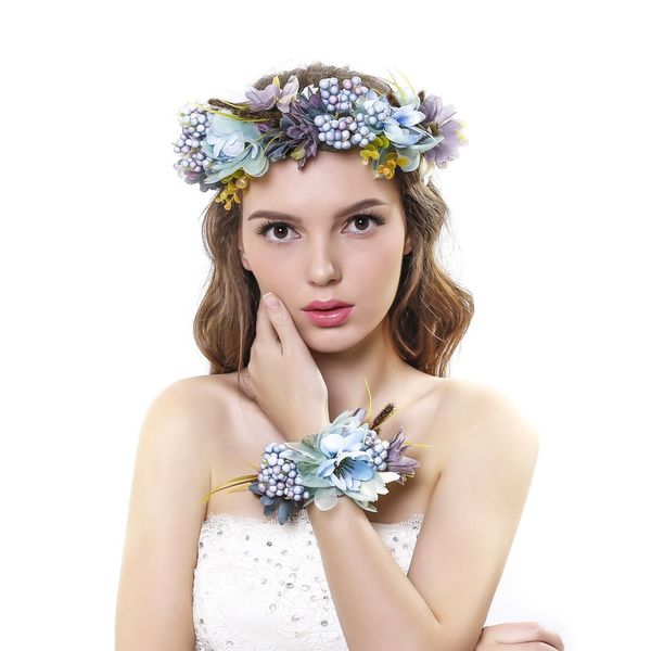 Ever Fairy Damen blumenkranz krone floral hochzeit girlande stirnband-handgelenk-band-set Blau One Size