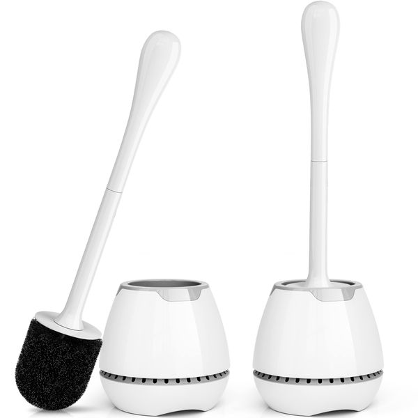 Toilet Brush 2 Pack, Toilet Bowl Brush with Ventilated Holder and Ergonomic Long Handle, Durable Bristles Toilet Scrubber Set for Bathroom Cleaning(White)