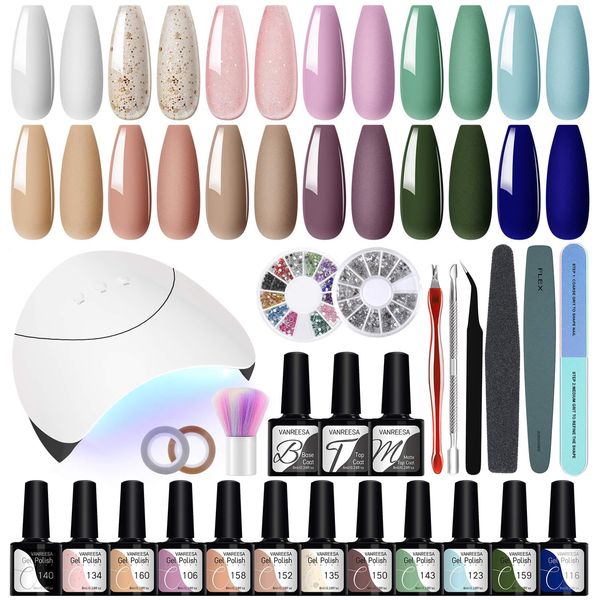 Gel Nail Polish Kit with 36W LED U V Nail Lamp VANREESA 12 Pcs Gel Nail Kit Purple Pink White Blue Green Gel Nail Polish Set Starter Kit Gift for Women