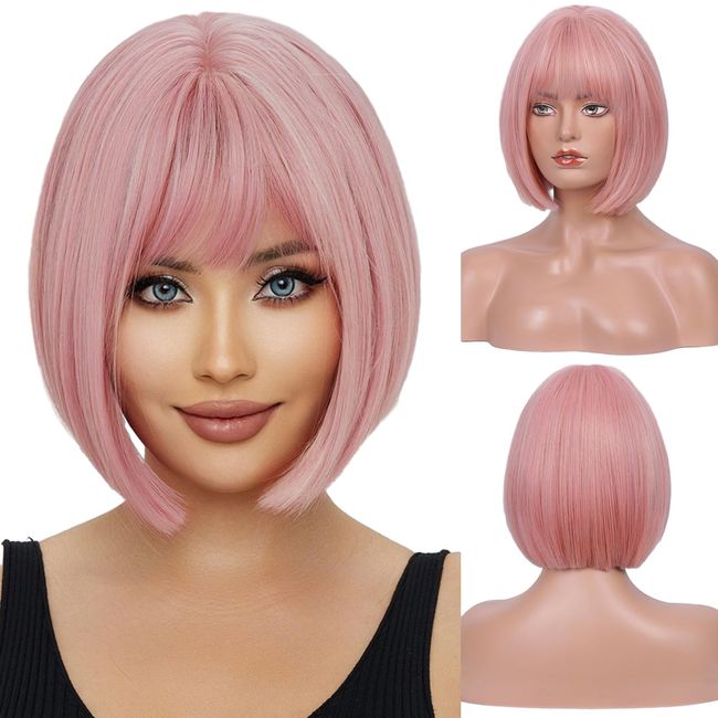 EMMOR Rosa Bob Perücke mit Bangs 33cm Kurze Bob Perücken für Frauen Hitzebeständige synthetische Perücke Natürlich Auf der Suche nach täglichem Gebrauch (Rosa)