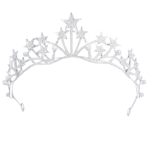 Silberner Stern Mädchen Crystal Tiara Frauen Prinzessin Braut Stirnband Kostüm Hochzeitskrongeschenk für Prom Geburtstag Henne Partyagentur Weihnachten Halloween Geschenk Juwely