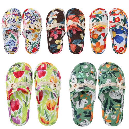 Chuarry 5 Pairs Floral Cotton House Slippers for Women, Soft Open Toe Indoor Spa Slippers for Guests Washable Comfortable Portable Slippers Non Slip Slippers for Hotel Travel Bedroom Airplane Party
