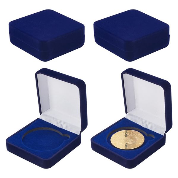 FINGERINSPIRE 4 Pcs 50mm Midnight Blue Velvet Challenge Coin Storage Gift Box 2.58x2.58x1.4 Square Badge Presentation Display Box Single School Emblem Badge Display Holder Medal Storage Case