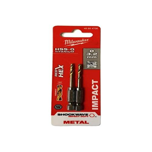 Milwaukee Shockwave Metal Drill Bit HSS-G Red Hex Titanium 1/4 Inch 3.2 x 66.5 mm Pack of 2