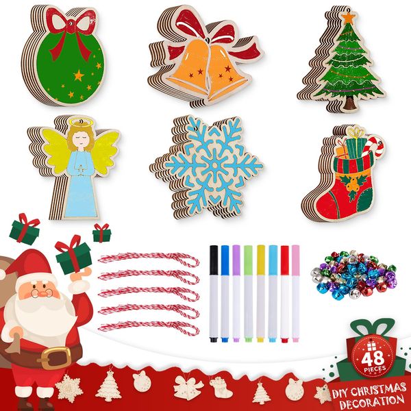 Lanpn Christmas Arts and Crafts Kits for Kids, Wooden Xmas Oranments Crafting Set for Children Adults DIY Paint Your Own Decorate Decorations 48pcs