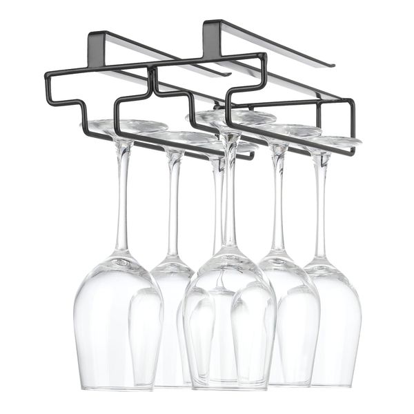 FOMANSH Wine glass holder hanging, no drilling required, storage, no screws required, stainless steel, adjustable shelf thickness, kitchen, Black