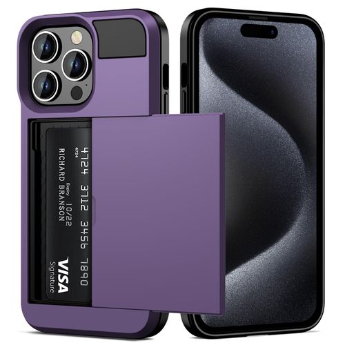 Vofolen Case Compatible with iPhone 15 Pro with Card Holder, Dual Layer Shockproof Wallet Phone Case Hidden Card Slot Sliding Protective Hard Shell Back Slim Case for iPhone 15 Pro 6.1'' Grey Purple