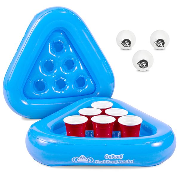 GoPong Pool Pong Rack Floating Beer Pong Set, Includes 2 Rafts and 3 Pong Balls, Blue