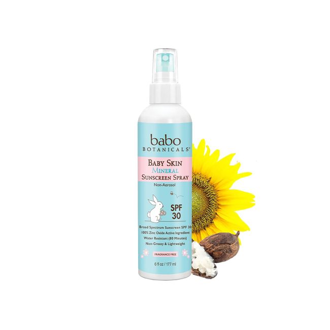 Babo Botanicals Baby Skin Mineral Sunscreen Spray SPF 30 with 100% Zinc Oxide Active, Water-Resistant, Unscented, 6 Fl Oz