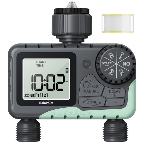 RAINPOINT Water Timer,Sprinkler Timer Programmable with 2 Independent Controlled Outlets,Garden Hose Timer Outdoor with Rain Delay/Manual/Auto Watering System,Leakproof Irrigation Timer for Lawns Pool