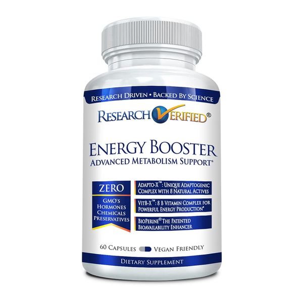 Research Verified Energy Booster - Natural Energy Support - 60 Capsules - Caffeine Free - B Vitamins and Adaptogens - 1 Month Supply