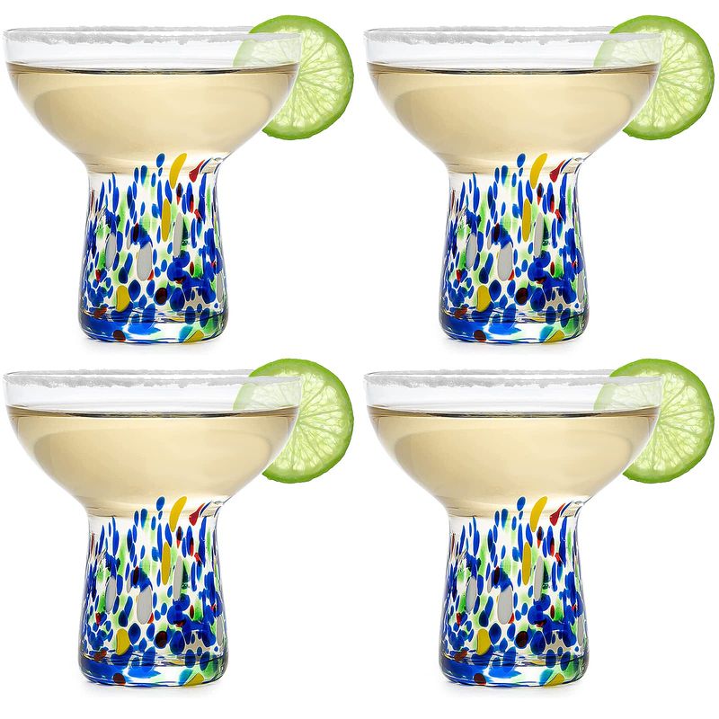 The Wine Savant Mexican Margarita Hand Blown Glass - Set Of 4 - Large 16oz, Luxury Margarita Glasses, Mexico Design Large 16oz Confetti Rim Carmen