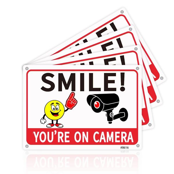 4-Pack 10x7-inch Aluminum UV-Printed Camera Surveillance Signs - Smile Reminder: "You're On Camera!" - High Visibility Safety Warning Plaque for Home & Business Use