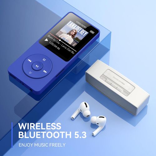 AGPTEK A02 MP3 Player with Bluetooth 5.3, 1.8 inch Screen Portable Music Player with Speaker, FM Radio, Voice Recorder, Supports Expanded Up to 128GB(Blue, 64GB)
