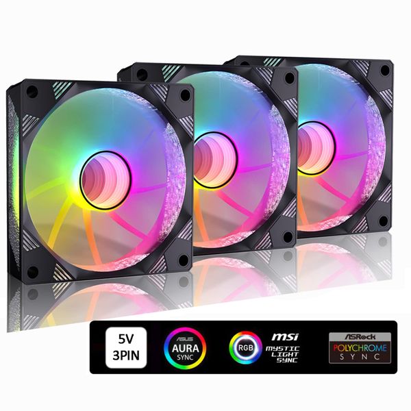 MIWATT 5V Motherboard Anschluss, 120 mm RGB Lüfter, ASUS Aura Sync oder MSI Mystic Control für PC Gehäuse, CPU Kühler, Wasserkühlungs Radiator System (3er Pack, E Serie)
