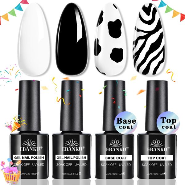 EBANKU Black White Nail Gel Polish Kit, 2 Pcs Black White Colors Gel with Top Coat and Base Gel Set Long Lasting High Glossy Soak Off UV Nail Gel for Professional, Salon & Home Use