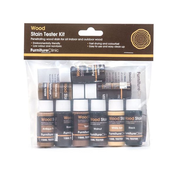 Furniture Clinic Wood Stain (Tester Kit) – Fast Drying, Highly Concentrated, and Easy-to-Apply Wood Stain for All Indoor & Outdoor Wood – Water Based & Non-Toxic – 9 x 15ml