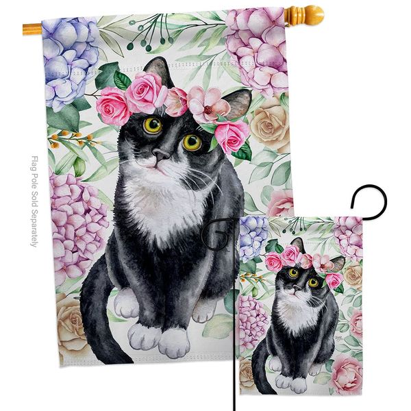 Breeze Decor Floral Tuxedo Cat Garden House Flag Set Kitten Meow Spoiled Paw Fur Pet Nature Farm Animal Creature Decoration Banner Small Yard Gift Double-Sided, Made in USA