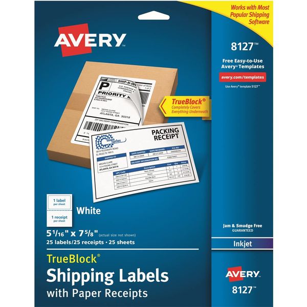 Avery Shipping Labels w/Paper Receipts and TrueBlock Technology for Inkjet Printers 5-1/16 x 7-5/8, Pack of 25 (8127)