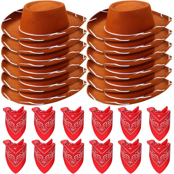 24 Pieces Pink Cowboy Hats and Bandanas for Kids Western Cowboy Costume Hat Accessories for Toddler Child Western Theme Birthday Party Supplies Halloween Costume Dress (Brown, Red)