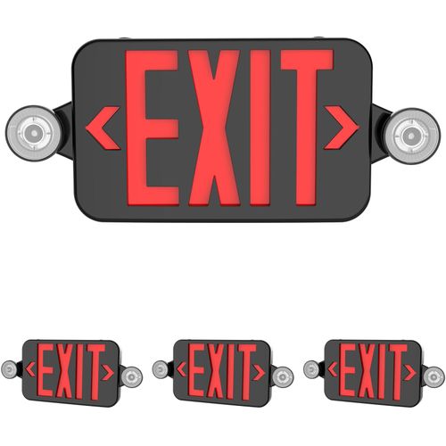 Black LED Exit Sign with Emergency Lights, Adjustable Two LED Head Commercial Emergency Exit Light with Battery Backup, UL Listed, AC 120/277V, Hardwired Emergency Lighting for Business (4 Pack)