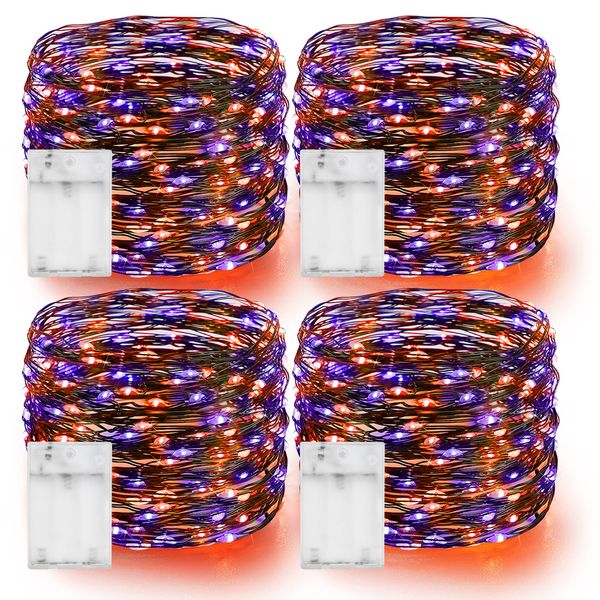 Dazzle Bright Purple and Orange Fairy String Lights, 4 Pack Total 80FT 240LED Copper Wire Battery Operated Waterproof Lights, Halloween Decorations for Indoor Home Outdoor Patio Yard Party Decor