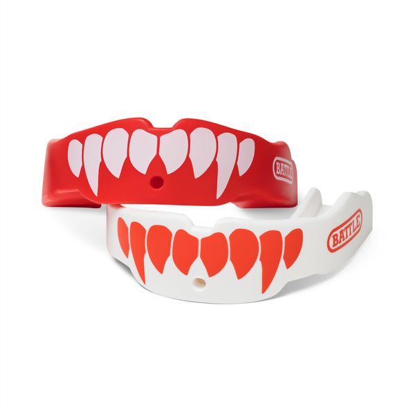 Battle Fangs Football Mouthguard – Sports Mouth Guard with Removable Strap – Protector Mouthpiece Fits With or Without Braces on Teeth – Adult & Youth Mouth Guard Sizes, 2 Pack, Youth (Age 9 & Below), Red/White