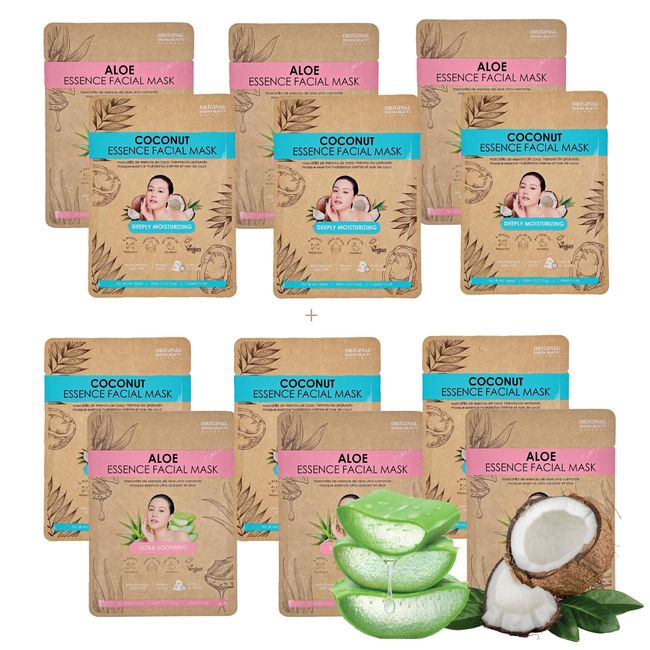 ORIGINAL DERMA BEAUTY 12PK (6+6) Vegan Face Masks for Skincare - Coconut, Aloe, Vitamin, Cucumber Facial Sheet Mask Korean Skin Care (Coconut & Aloe)