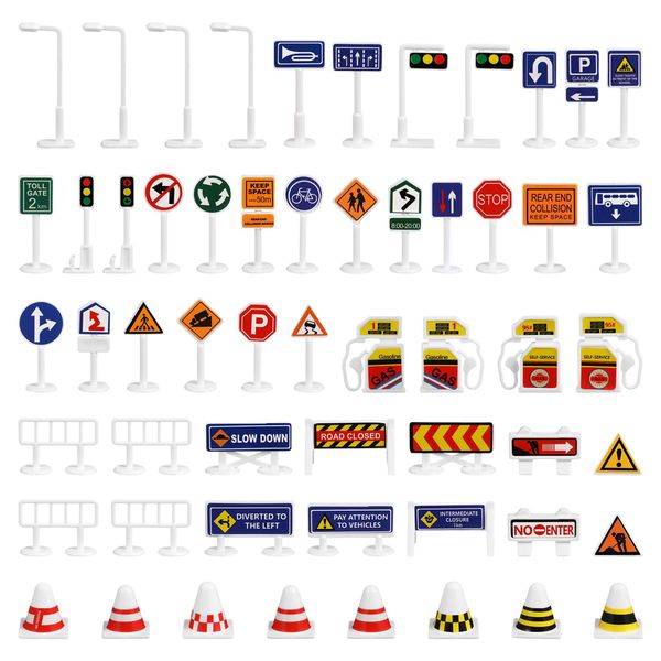 Toddmomy 56Pcs Traffic Road Signs Playset Street Signs, Mini Traffic Cones Crosswalk Signal Toys Traffic Lights for Children Safety Education Plaything