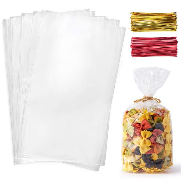 Morepack Cello Cellophane Treat Bags,200 Pieces 7x13 Inches Clear Pastic Gift Bags with Twist Ties,Party Favor Bags