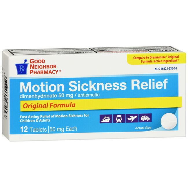 GNP MOTION SICKNESS RELIEF 50MG TAB 12CT    dimenhydrinate ORAL TABLET 50 MG