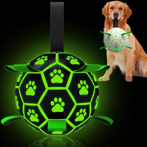 QDAN Glow in The Dark Dog Toys Soccer Ball with Straps, Outdoor Interactive Dog Toys Puppy Birthday Gifts, Dog Tug Water Toy, Light Up Dog Balls for Small & Medium Dogs（8 Inch）