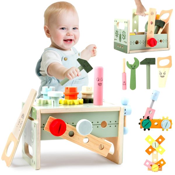 Asweets Kids Tool Set, Wooden Toddler Tool Bench with Box, Montessori STEM Educational Pretend Play Construction Toys, Birthday Gift for 3, 4, 5, and 6 Year Old Boys and Girls, 32 Pcs (Green)