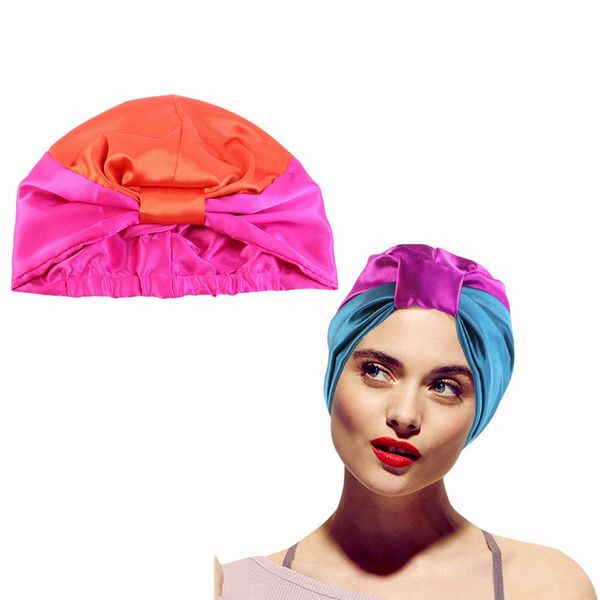 Silk Bonnet Sleeping Cap Night Head Cover Wide Band Satin Bonnet for Women and Girls Hair Protection (Blue&Red) (Blue & Red)