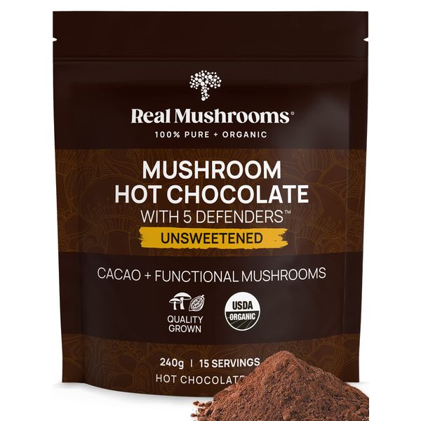 Real Mushrooms Unsweetened Organic Hot Chocolate Mix with 5 Defenders (Turkey Tail, Chaga, Maitake, Shiitake, & Reishi Mushroom) - Organic Cacao Powder - Vegan Mushroom Supplement, 15 Servings