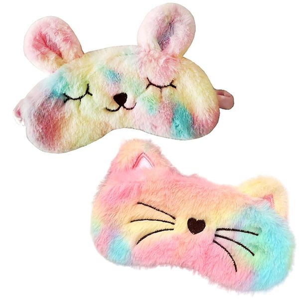 Exduct Eye Mask, Set of 2 Types, Cute, Airplane, Children, Sleeping, Cute, Character Eye Pillow, Animal, Sleeping (Cat + Rabbit)