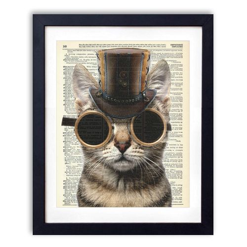 Steampunk Cat Vintage Dictionary Art Print, Antique Wall Art Home Decor, Modern Boho Poster, Farmhouse Decoration Living Room Bedroom Office 8x10 Inches, Ready To Frame