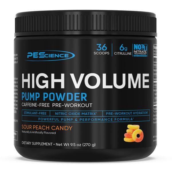 PEScience High Volume Nitric Oxide Booster Pump Pre Workout Powder, Sour Peach Candy, 36 Scoops, Caffeine Free