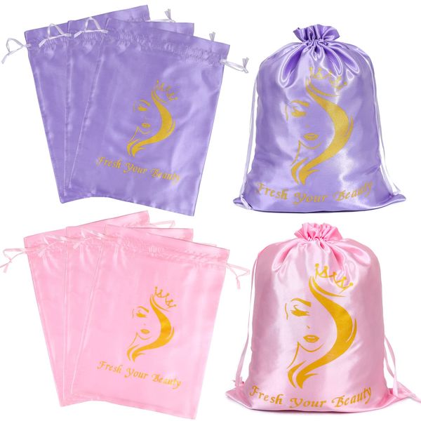 AliLeader 6 Pcs Wig Storage Bags Satin Bags with Drawstring Wig Bag Wig Storage Bags Wig Bags Storage Silk Bags with Drawstring Travel Bag for Bundles,Wigs,Hair Extensions,Gift (Mix Purple and Pink)