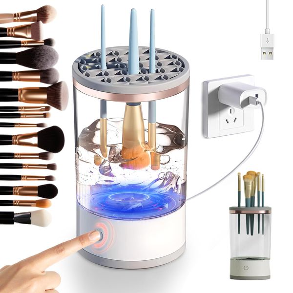 Electric Makeup Brush Cleaner, Automatic Spinning Makeup Brush Cleaner Machine Damage-Free Bristles Sonic Vibration Cosmetic Makeup Brush Cleaner and Dryer USB Reusable for All Size Makeup Brush