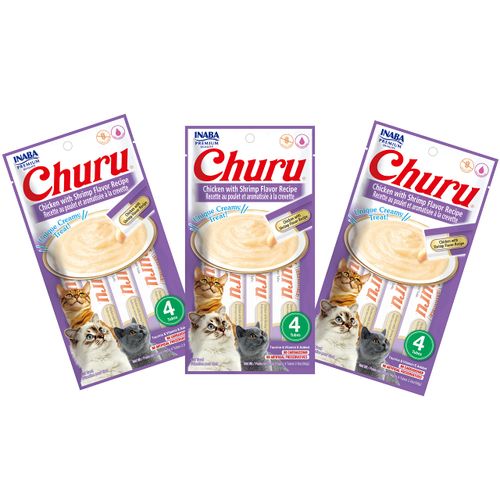 INABA Churu Cat Treats, Grain-Free, Lickable, Squeezable Creamy Purée Cat Treat/Topper with Vitamin E & Taurine, 0.5 Ounces Each Tube, 12 Tubes (4 per Pack), Chicken with Shrimp Recipe