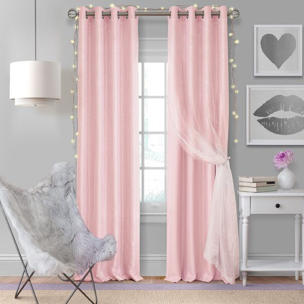 Elrene Home Fashions Aurora Kids’ Sheer Blackout Layered Curtain Panel, (Soft Pink), (52X84)