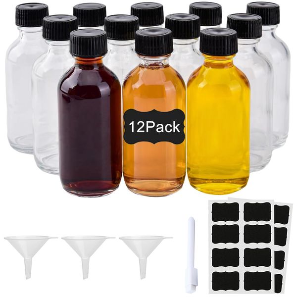 wordmouk 12 Pack Glass Shot Bottles with Lids 60ml Small Ginger Shot Bottles Miniature Alcohol Bottles with 1 Pen, 3 Plastic Funnels, 16 Stickers Reusable Clear Juice Bottles for Sauce Liquor Oil