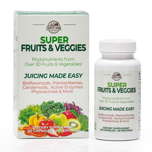 Country Farms Super Fruits and Veggies Capsules, Whole Food Supplement, Powerful Antioxidant, Supports Energy, Immune Health, Boosts Digestive Health, 30 Organic Super Foods, 30 Servings