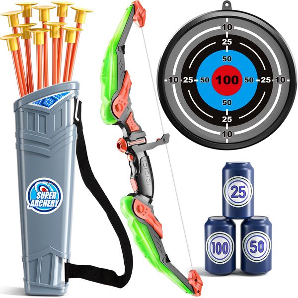 NIPLOOOW Kids Bow and Arrow Set, LED Light Up Archery Toy Set with 10 Suction Cup Arrows,Target & Arrow Quiver, Bow and Arrows Set Toys Gift for 3 4 5 6 7 8 9 10 11 12 Year Old Kids Boys Girls (Green)