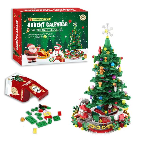 Advent Calendar 2024- Christmas Tree with 701 Building Blocks – 24 Days of Holiday Surprises for Kids and Families, Rotating Base, DIY Festive Decoration for Christmas Countdown